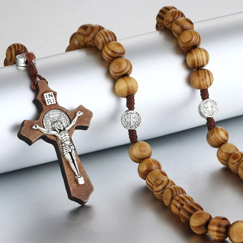 Cottvott Various Styles Wooden Antique Jesus Cross Pendant Rosary Necklaces with St. Benedict Connector Religious Jewery Gifts