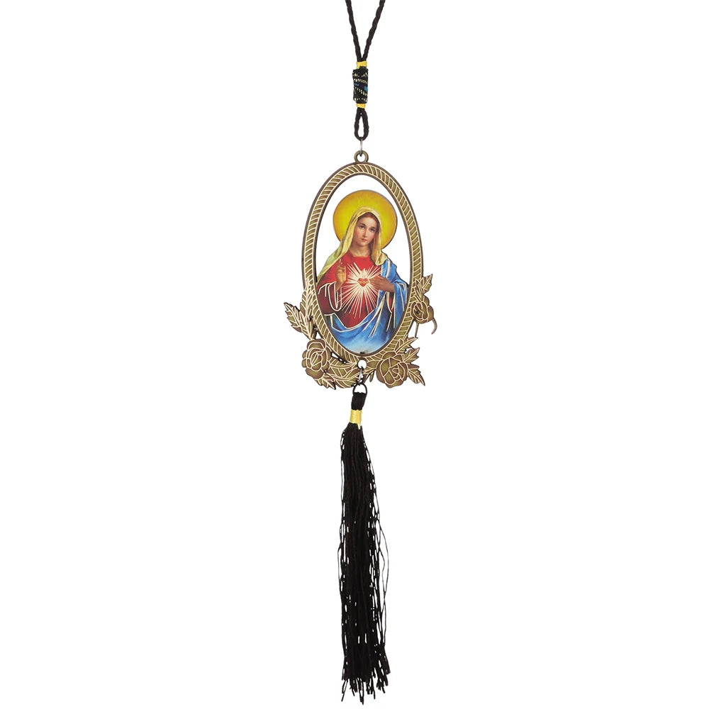 Wooden Long Fringe Car Pendant Classical Christian Sacred Heart of Virgin Mary Rearview Mirror Hanging Ornaments Decoraction