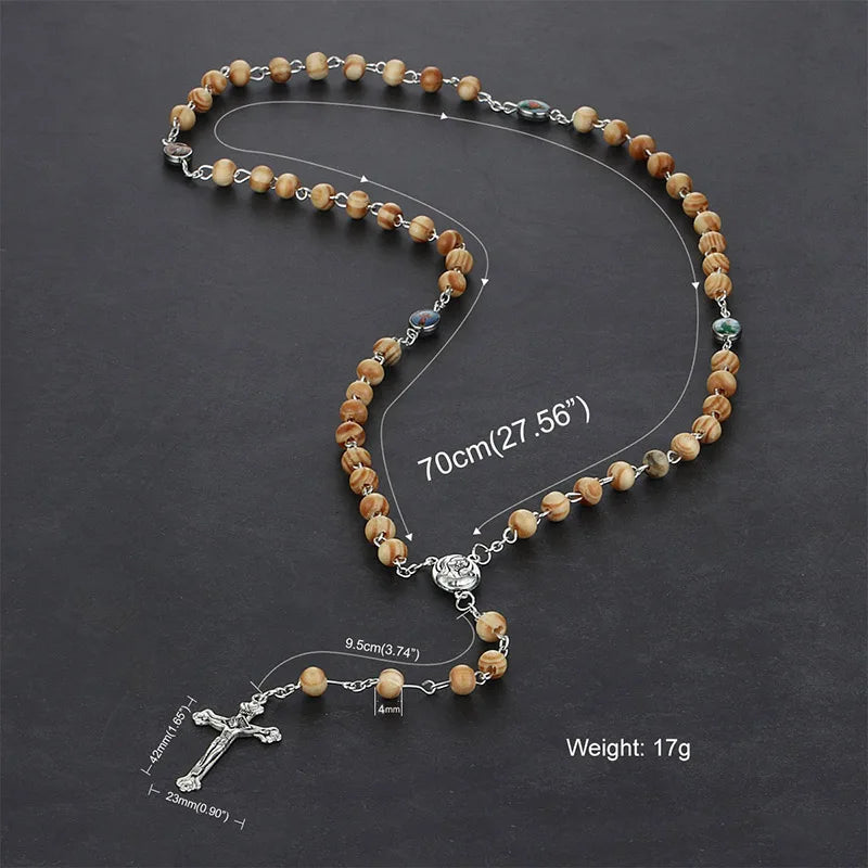 Cottvott Various Styles Wooden Antique Jesus Cross Pendant Rosary Necklaces with St. Benedict Connector Religious Jewery Gifts