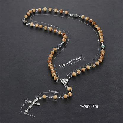 Cottvott Various Styles Wooden Antique Jesus Cross Pendant Rosary Necklaces with St. Benedict Connector Religious Jewery Gifts