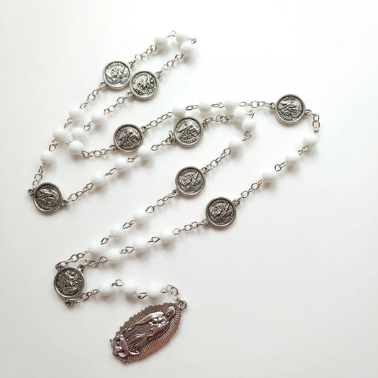 Catholic St. Michael Medal Hail Mary Rosary Necklace Prayer Chaplet White Beads Chain Our Lady of Guadalupe Virgin Mary Pendant Jewelry