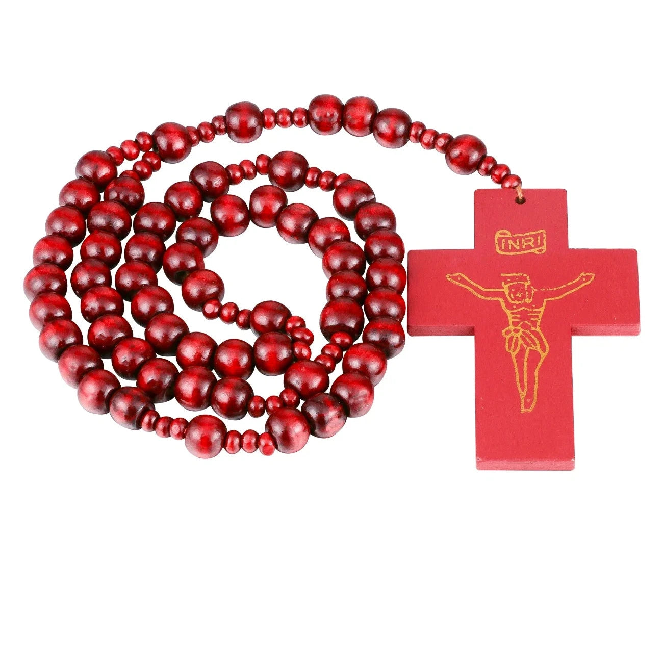 Large Catholic Wooden Beads Rosary Necklace with Jesus Crucifixion Cross Pendant Religious Craft Baptism Devotional Gift