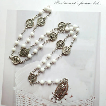 Catholic St. Michael Medal Hail Mary Rosary Necklace Prayer Chaplet White Beads Chain Our Lady of Guadalupe Virgin Mary Pendant Jewelry