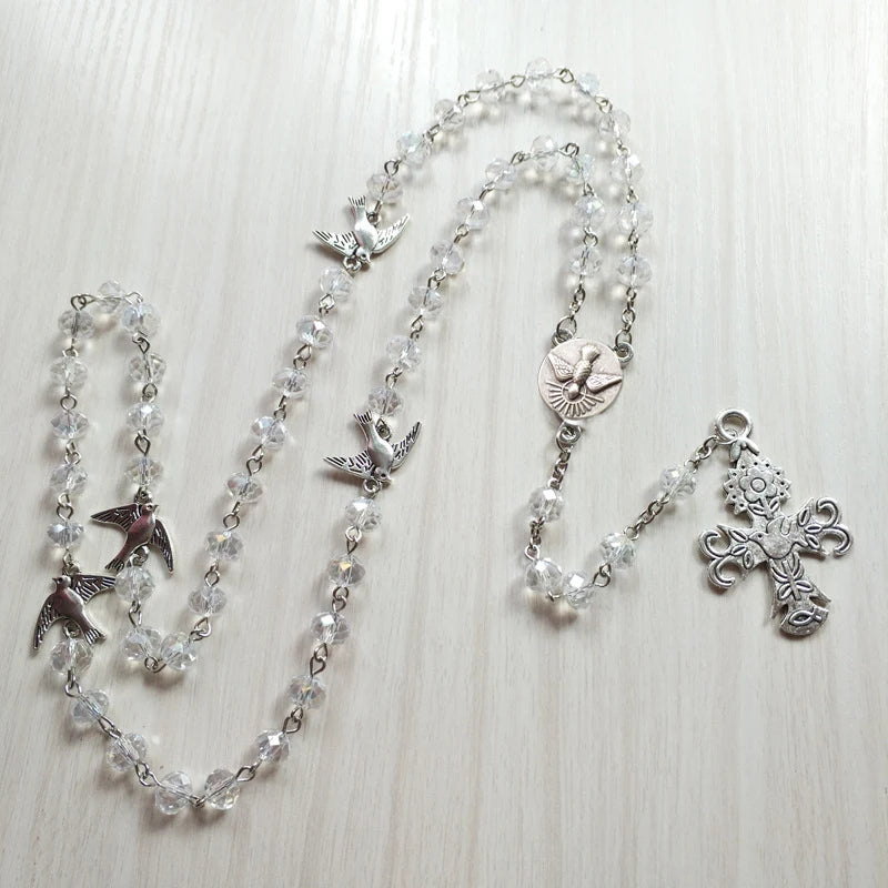 Catholic Holy Spirit Dove Medal Rosary Necklace Cross Pendant Crystal Prayer Beads Chain