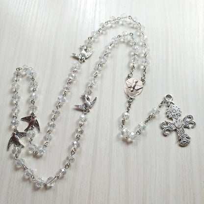 Catholic Holy Spirit Dove Medal Rosary Necklace Cross Pendant Crystal Prayer Beads Chain