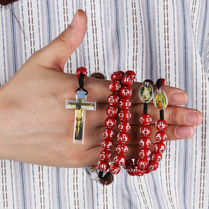 Cottvott Catholic Red Loose Beads Rosary Prayer Necklace with Jesus Cross Crucifixion Pendant Charms Religious Gifts