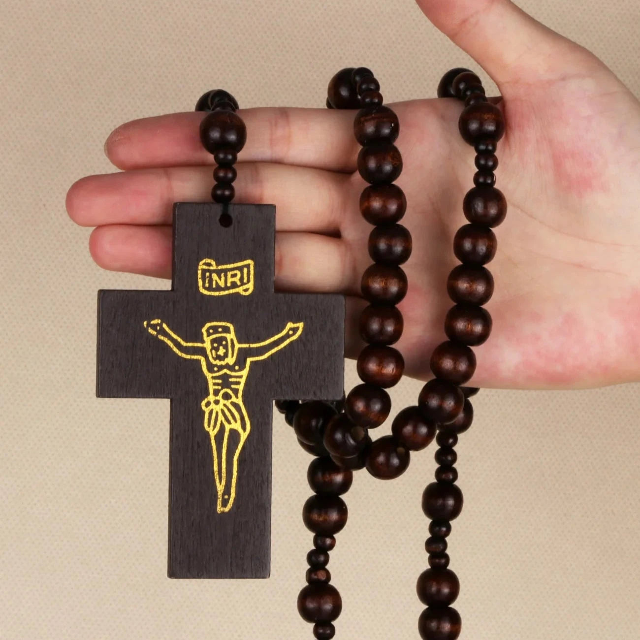 Large Catholic Wooden Beads Rosary Necklace with Jesus Crucifixion Cross Pendant Religious Craft Baptism Devotional Gift