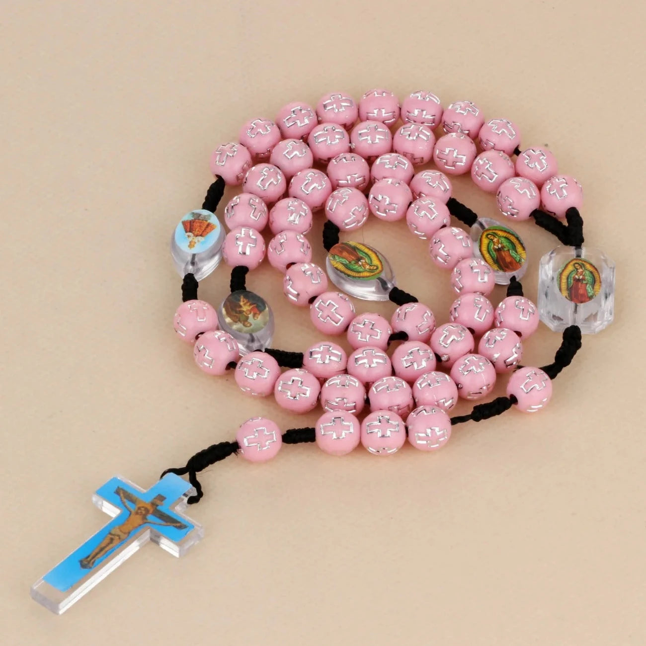 Cottvott Braided Rope Pink Rosery Necklace Bule Jesus Cross Pendant Christian Church Priest Crucifix Orthodox Baptism Gifts