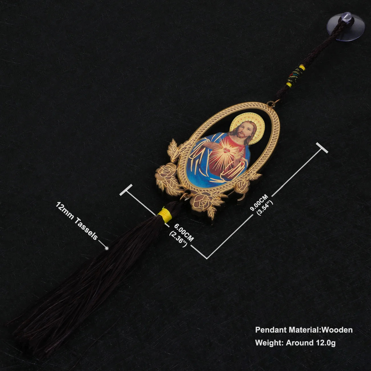 Cottvott 1Pc Car Rear Mirror Hanging Ornament Heart of Jesus Religious Long Fringe Wooden Pendant Car Decoration Accessories