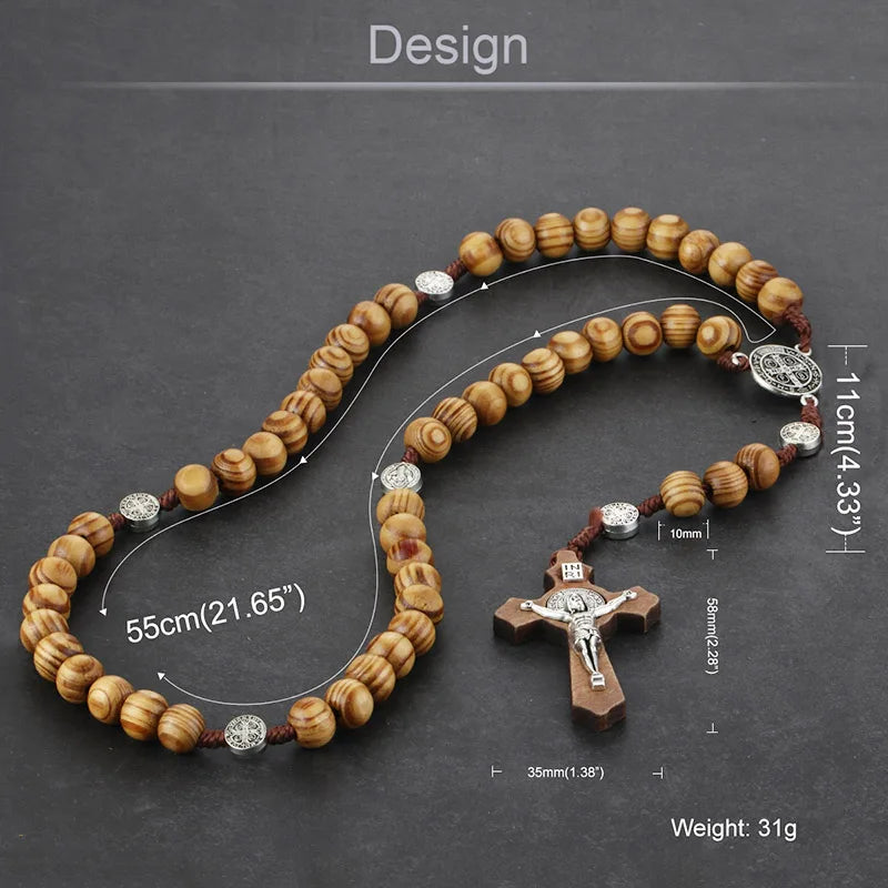 Cottvott Various Styles Wooden Antique Jesus Cross Pendant Rosary Necklaces with St. Benedict Connector Religious Jewery Gifts