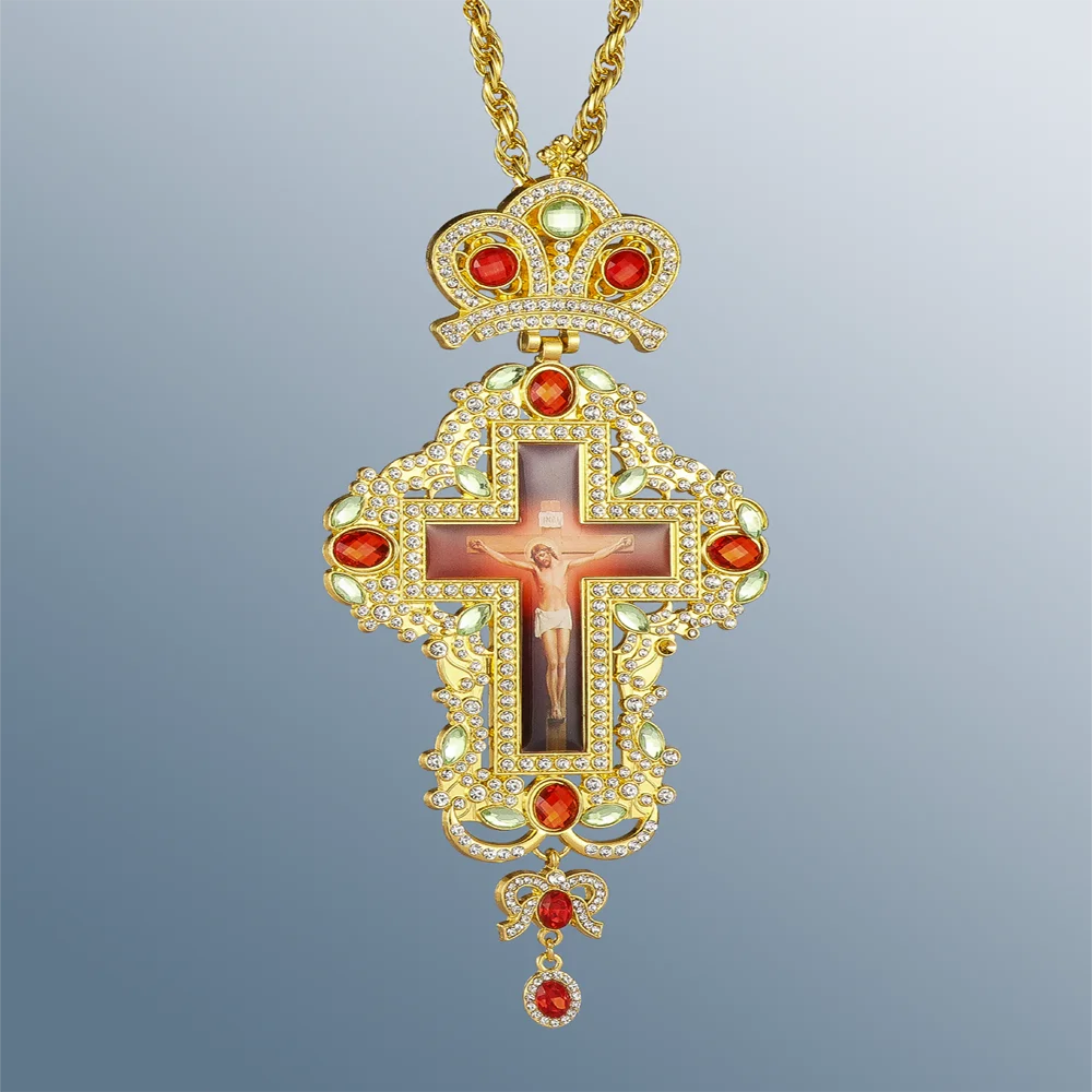 Cottvott Golden Color Jesus Crucifix Cross Pendant Orthodox Zircons Crystals Long Link Chain