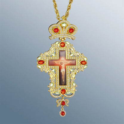 Cottvott Golden Color Jesus Crucifix Cross Pendant Orthodox Zircons Crystals Long Link Chain