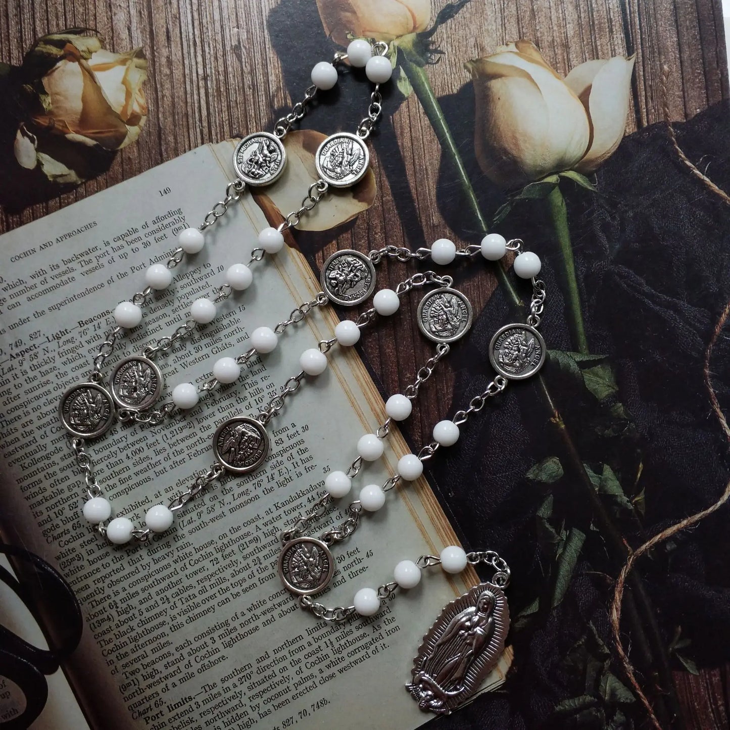 Catholic St. Michael Medal Hail Mary Rosary Necklace Prayer Chaplet White Beads Chain Our Lady of Guadalupe Virgin Mary Pendant Jewelry