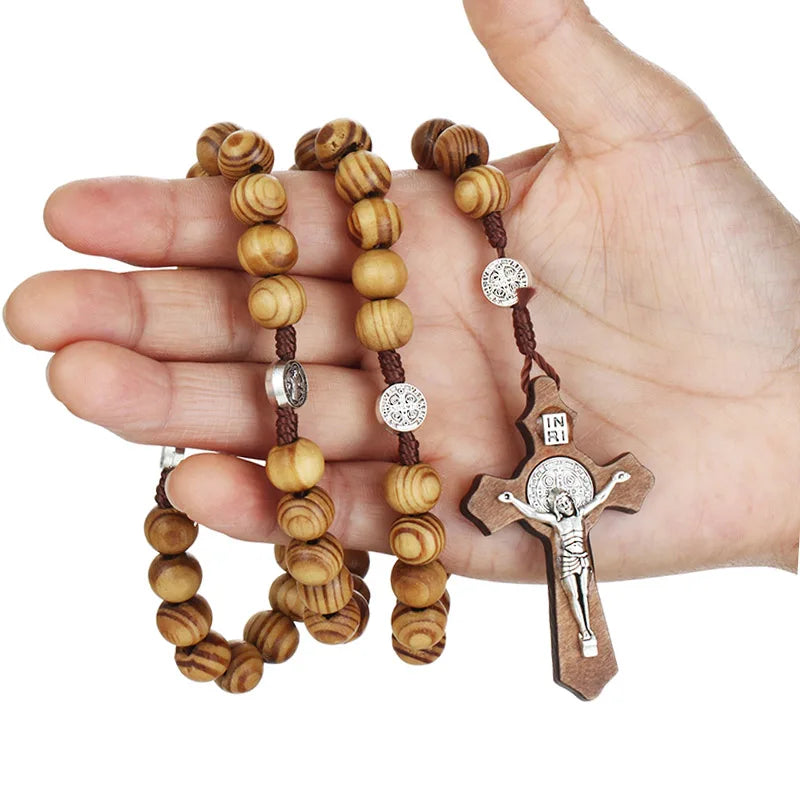 Cottvott Various Styles Wooden Antique Jesus Cross Pendant Rosary Necklaces with St. Benedict Connector Religious Jewery Gifts