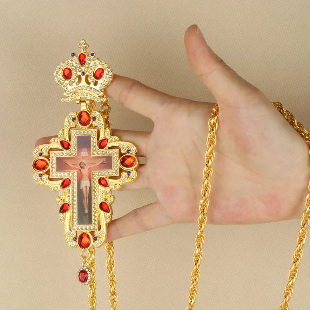 Orthodox Zircons Crystals Cross Pendant Pectoral Necklace Christian Baptism Gift for Men & Women