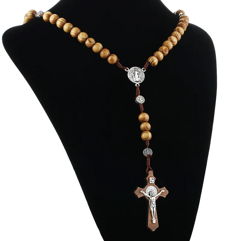 Cottvott Various Styles Wooden Antique Jesus Cross Pendant Rosary Necklaces with St. Benedict Connector Religious Jewery Gifts