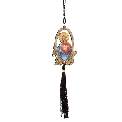 Wooden Long Fringe Car Pendant Classical Christian Sacred Heart of Virgin Mary Rearview Mirror Hanging Ornaments Decoraction