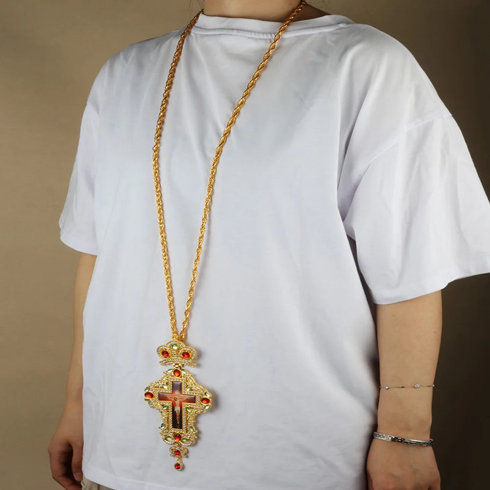 Cottvott Golden Color Jesus Crucifix Cross Pendant Orthodox Zircons Crystals Long Link Chain