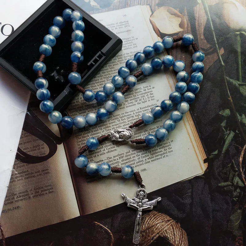 Catholic Smooth Blue Prayer Beads Chain Virgin Mary Christ Jesus Crucifix Cross Rosary Necklace