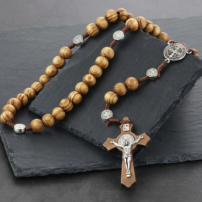 Cottvott Various Styles Wooden Antique Jesus Cross Pendant Rosary Necklaces with St. Benedict Connector Religious Jewery Gifts