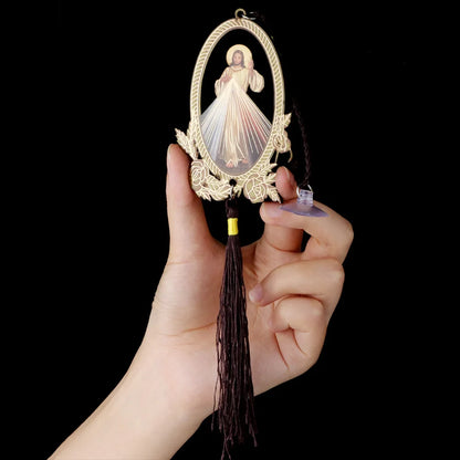 Religious Wooden Sacred Mercy Jesus Pendant Christian Car Rearview Mirror Hanging Ornament Interior Decoration Items Gifts