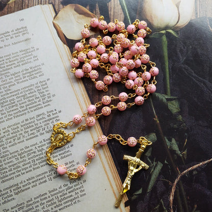 Cottvott Pink Rose Beads Chain Prayer Chaplet with Gold Color Virgin Mary Medal and Crucifix Cross Rosary Necklace