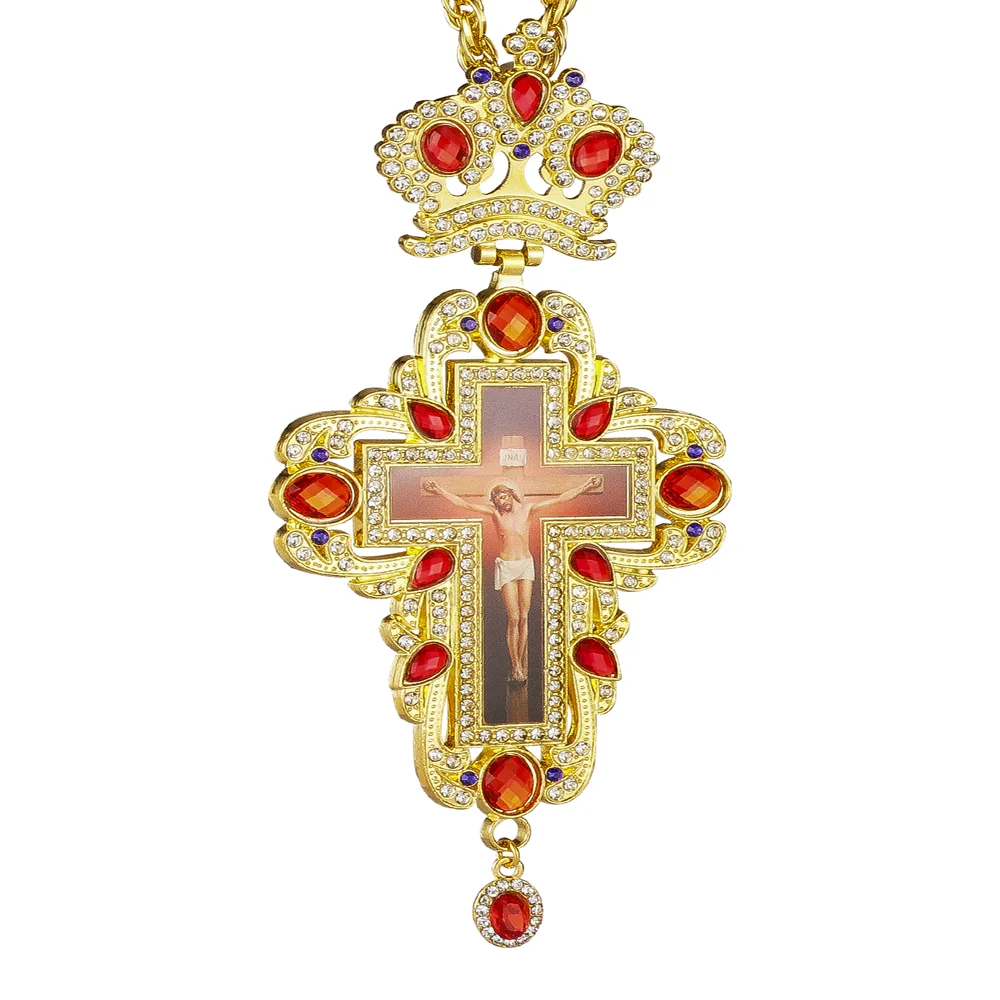 Orthodox Zircons Crystals Cross Pendant Pectoral Necklace Christian Baptism Gift for Men & Women