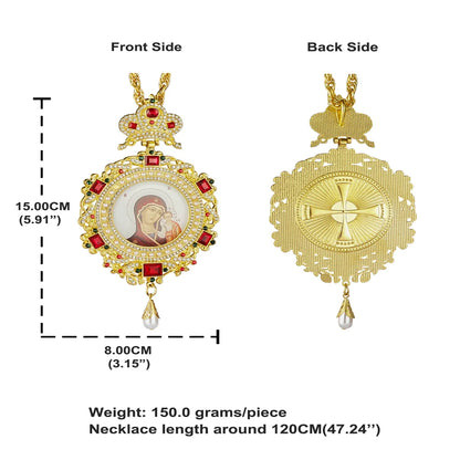 Orthodox Round Pectoral Necklace Virgin Mary and Jesus Zircons Crystals Pendant Baptism Gifts