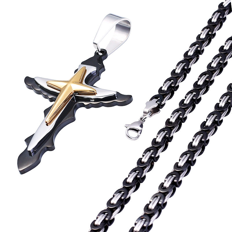 Multilayer Cross Stainless Steel Pendant Necklaces Byzantine Link Chain for Men