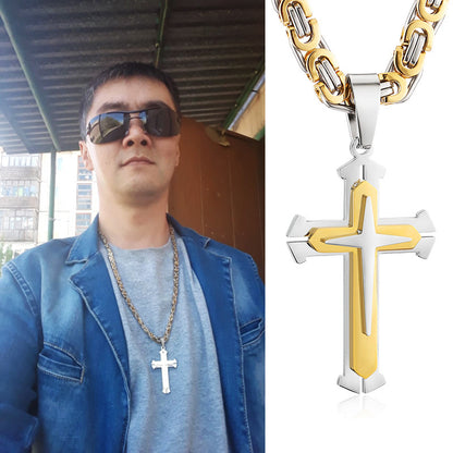 Stainless Steel Pendant Necklace 3 Layer Knight Cross Gold Silver Color Strong Byzantine Chain