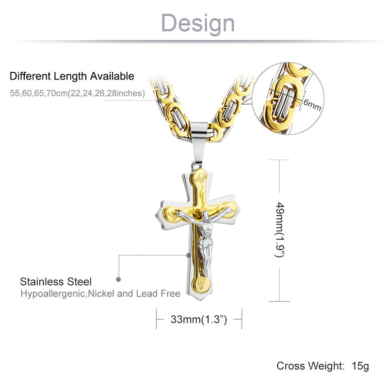 Stainless Steel Necklace Pendant Burning Flame Cross Jesus Christian Byzantine Chain for Men