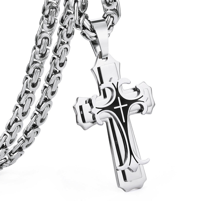 Religious Men Cross Stainless Steel Pendant Necklace Byzantine Chain Fleur-de-lis Necklace