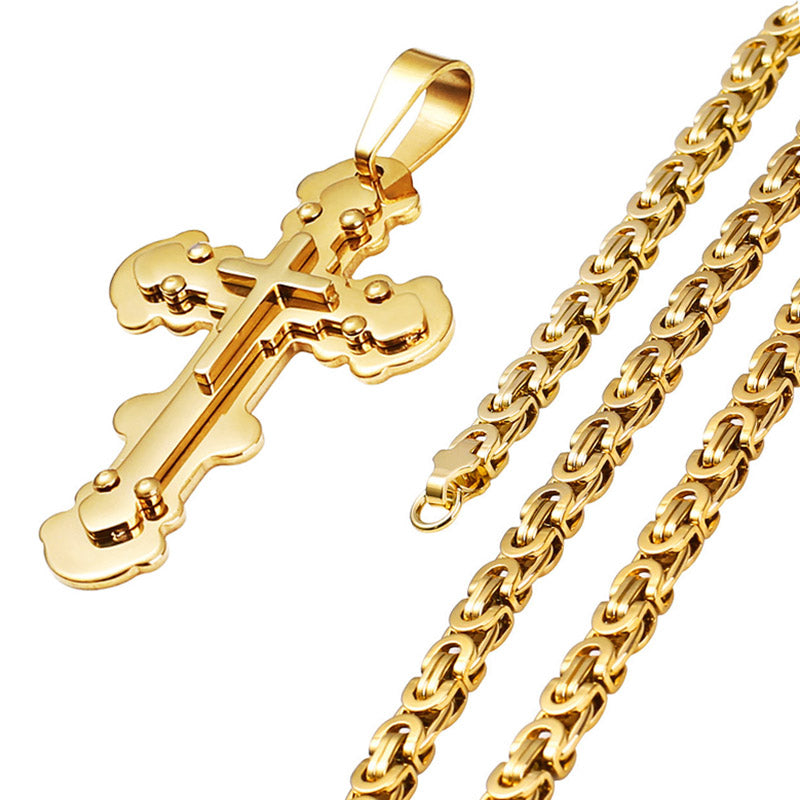 Strong Gold Color Stainless Steel Byzantine Chain Orthodox Cross Pendant Necklace for Men Necklace