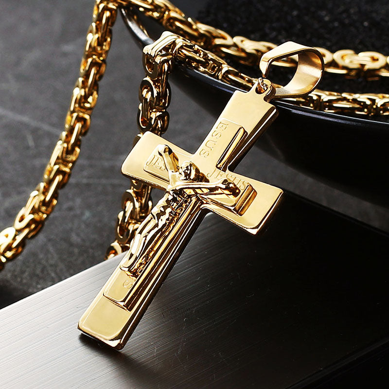 Mens Gold Color Jesus Cross Pendant Necklace Long Stainless Steel Byzantine Chain Necklace Prayer Christian Crucifix Jewelry