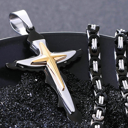 Multilayer Cross Stainless Steel Pendant Necklaces Byzantine Link Chain for Men