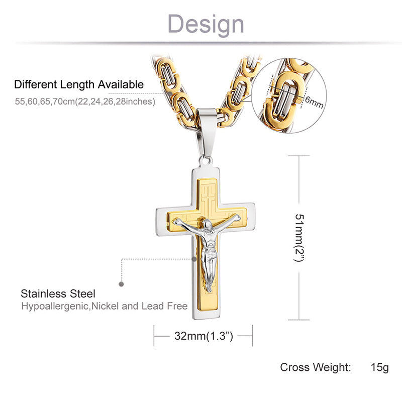 Religious Jesus Christian Crucifix Cross Long Byzantine Chain Stainless Steel Necklaces Pendants for Men