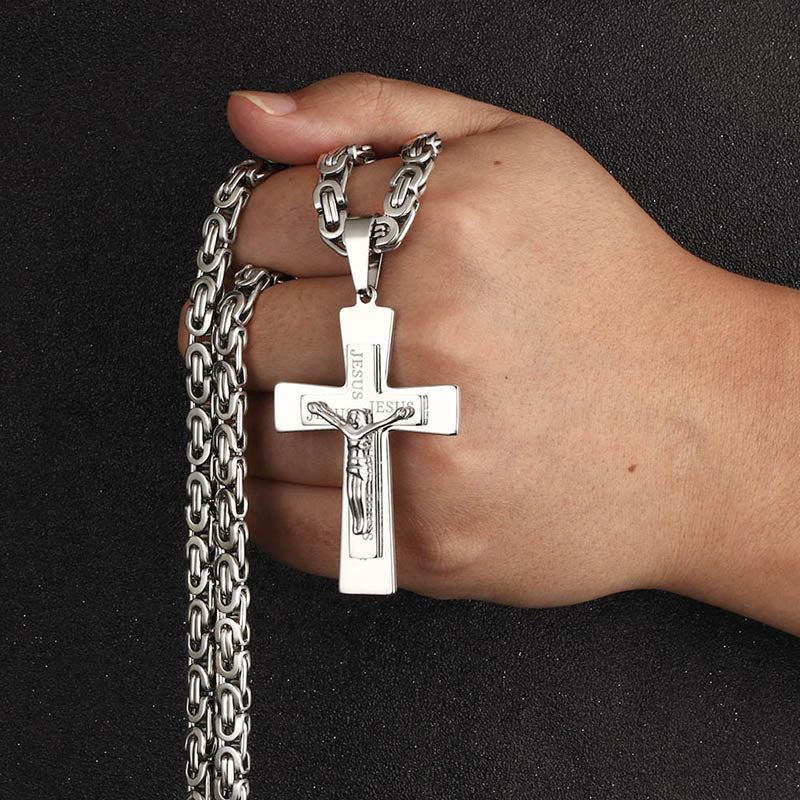 Mens Gold Color Jesus Cross Pendant Necklace Long Stainless Steel Byzantine Chain Necklace Prayer Christian Crucifix Jewelry