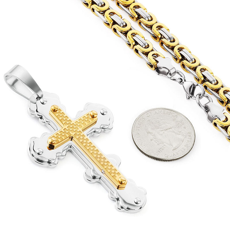 Christian Jesus Crucifix Cross Pendant Necklace Stainless Steel Men Byzantine Link Chain