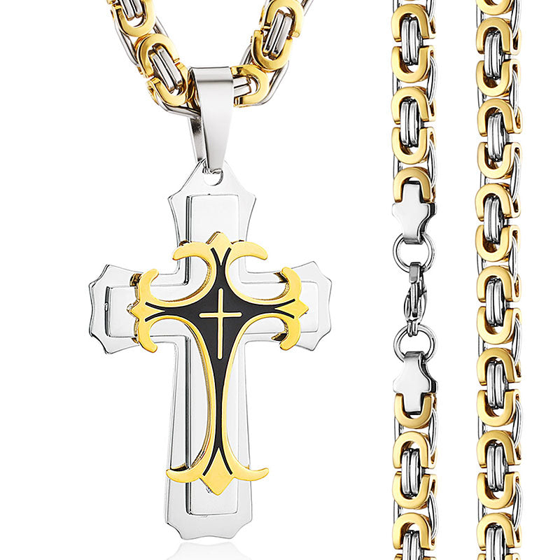 Religious Men Cross Stainless Steel Pendant Necklace Byzantine Chain Fleur-de-lis Necklace