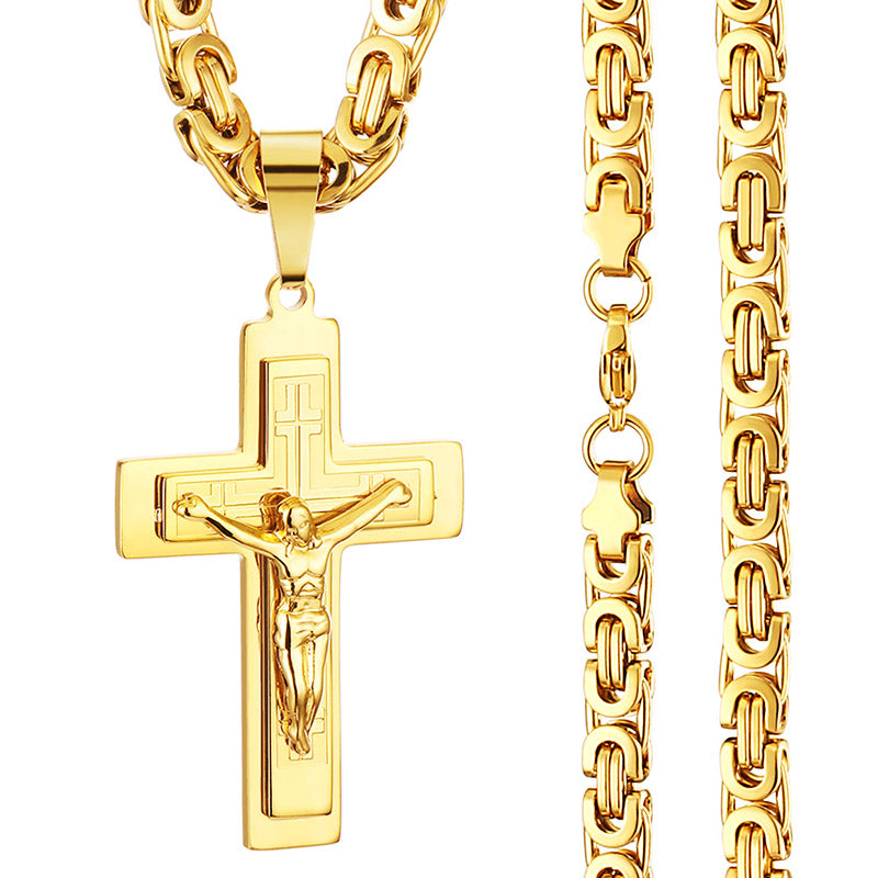 Religious Jesus Christian Crucifix Cross Long Byzantine Chain Stainless Steel Necklaces Pendants for Men