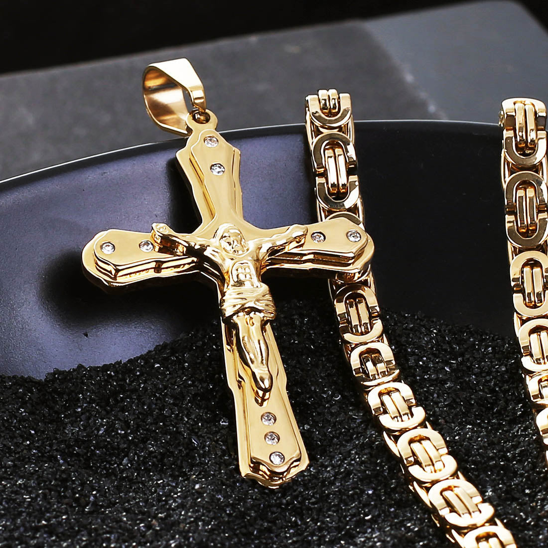 Christ Jesus Crucifix Cross Pendants Crystal Pendant Byzantine Link Chain Necklace Stainless Steel Necklaces for Men