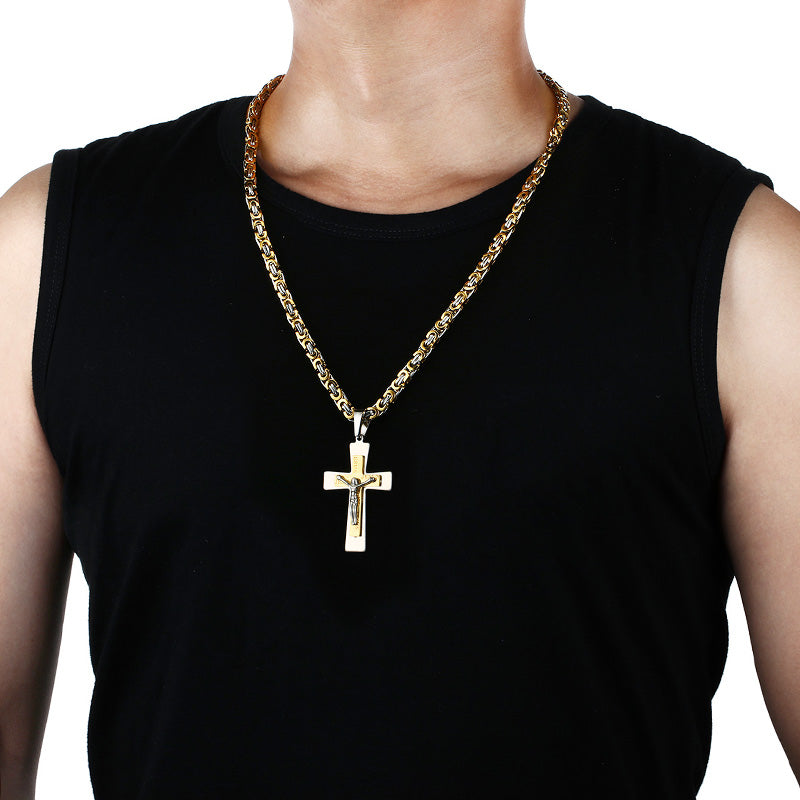 Mens Gold Color Jesus Cross Pendant Necklace Long Stainless Steel Byzantine Chain Necklace Prayer Christian Crucifix Jewelry