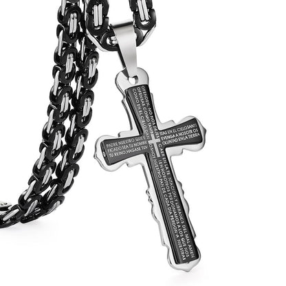 Men Catholic Spanish Bible Cross Pendant Necklaces Stainless Steel Byzantine Link Chain