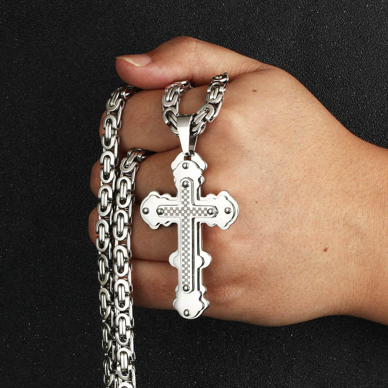 Christian Jesus Crucifix Cross Pendant Necklace Stainless Steel Men Byzantine Link Chain