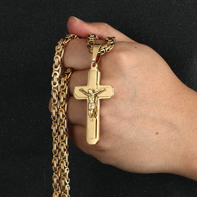 Bible Cross Crucifix Jesus Pendants Stainless Steel Byzantine Link Chain Necklaces