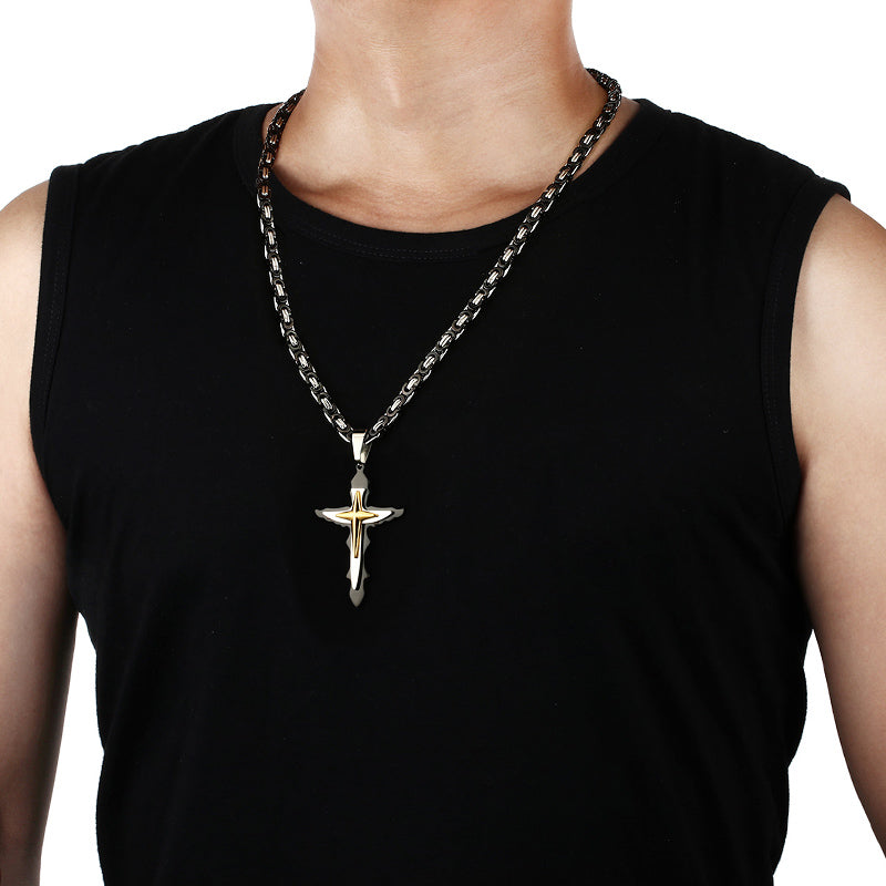 Multilayer Cross Stainless Steel Pendant Necklaces Byzantine Link Chain for Men