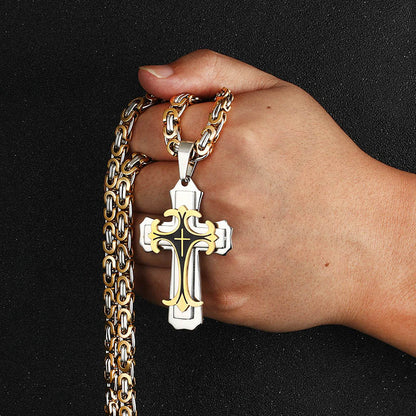 Religious Men Cross Stainless Steel Pendant Necklace Byzantine Chain Fleur-de-lis Necklace