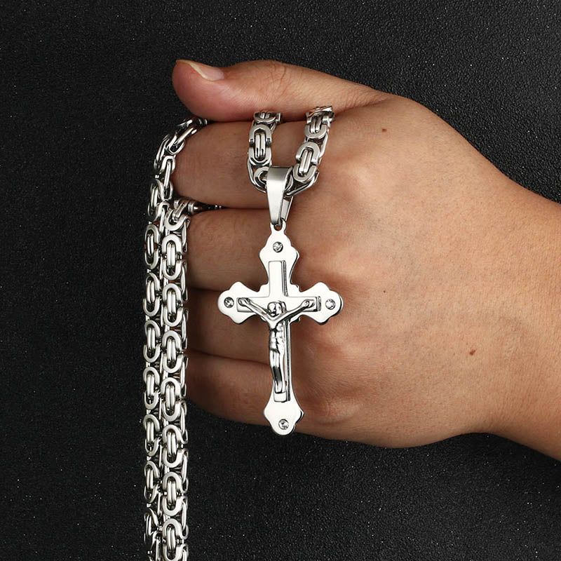 Stainless Steel Chain Crystal Jesus Crucifix Cross Pendant Necklaces Link Chains Men Necklace