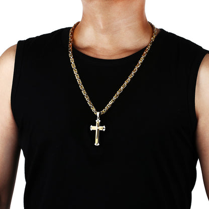 Stainless Steel Pendant Necklace 3 Layer Knight Cross Gold Silver Color Strong Byzantine Chain