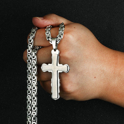 Men Catholic Spanish Bible Cross Pendant Necklaces Stainless Steel Byzantine Link Chain